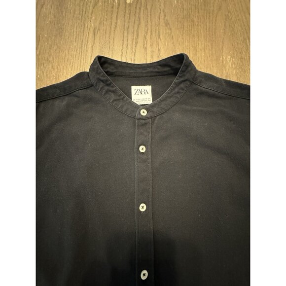 Zara Mens Black Cover Shirt Large Button Slim Fit Mandarin Collar Short Sleeve - Picture 7 of 8